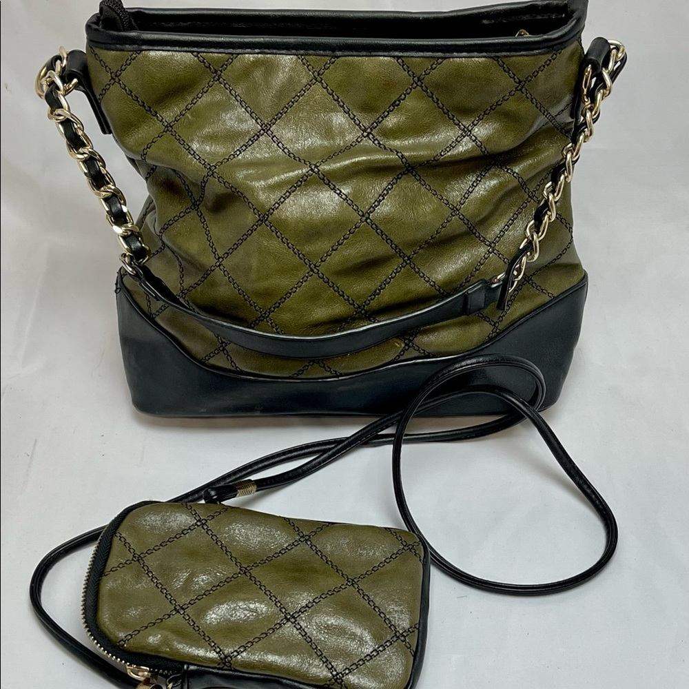 Green and Black Leather Handbag and Clutch Set